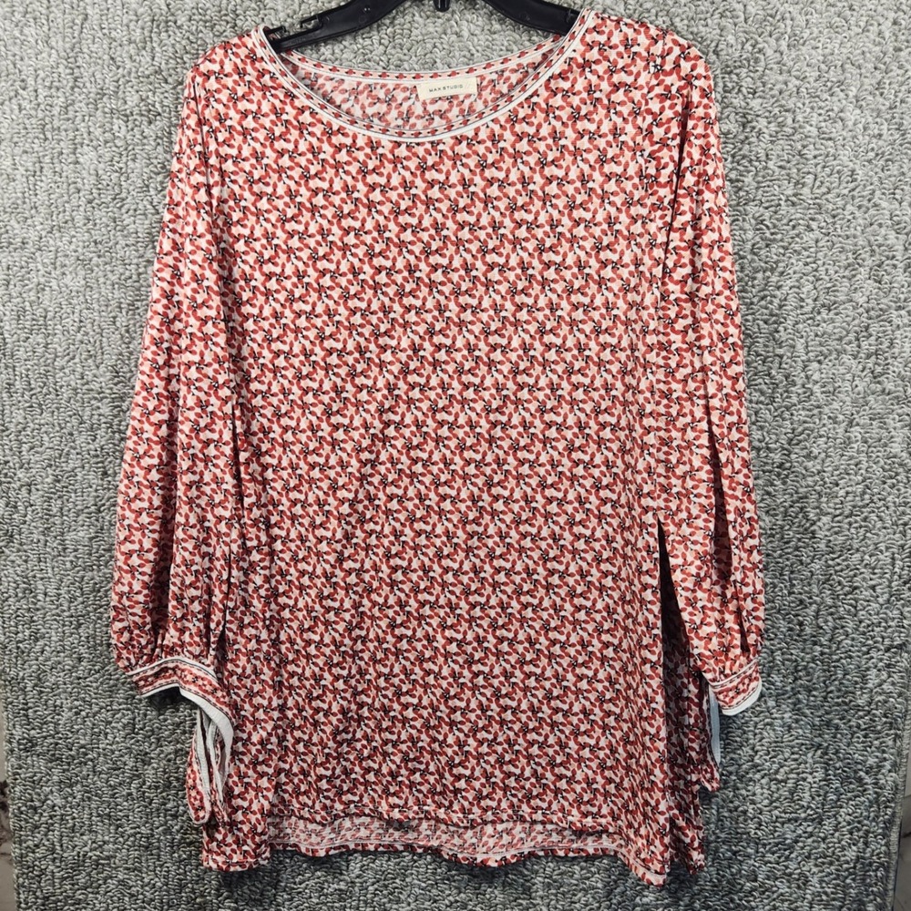 Max Studio Blouse Red Floral Geometric Tie Cuff Long Sleeve Womens XL 1W10Q76